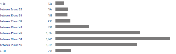 Employees by age bracket (bar chart)