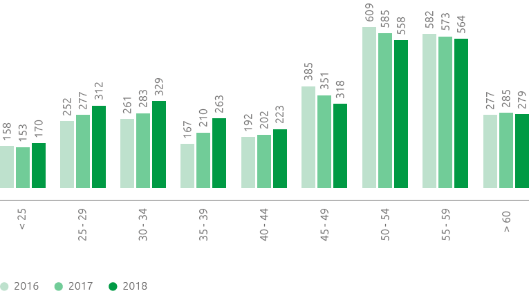 Employees age bracket (no.) (Bar chart)