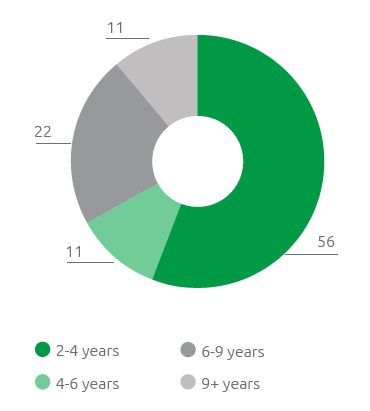 Seniority of office of the Directors on the BoD (%) (Pie chart)