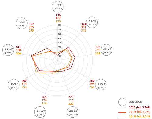 Employees by age group (no.) (Spider chart)